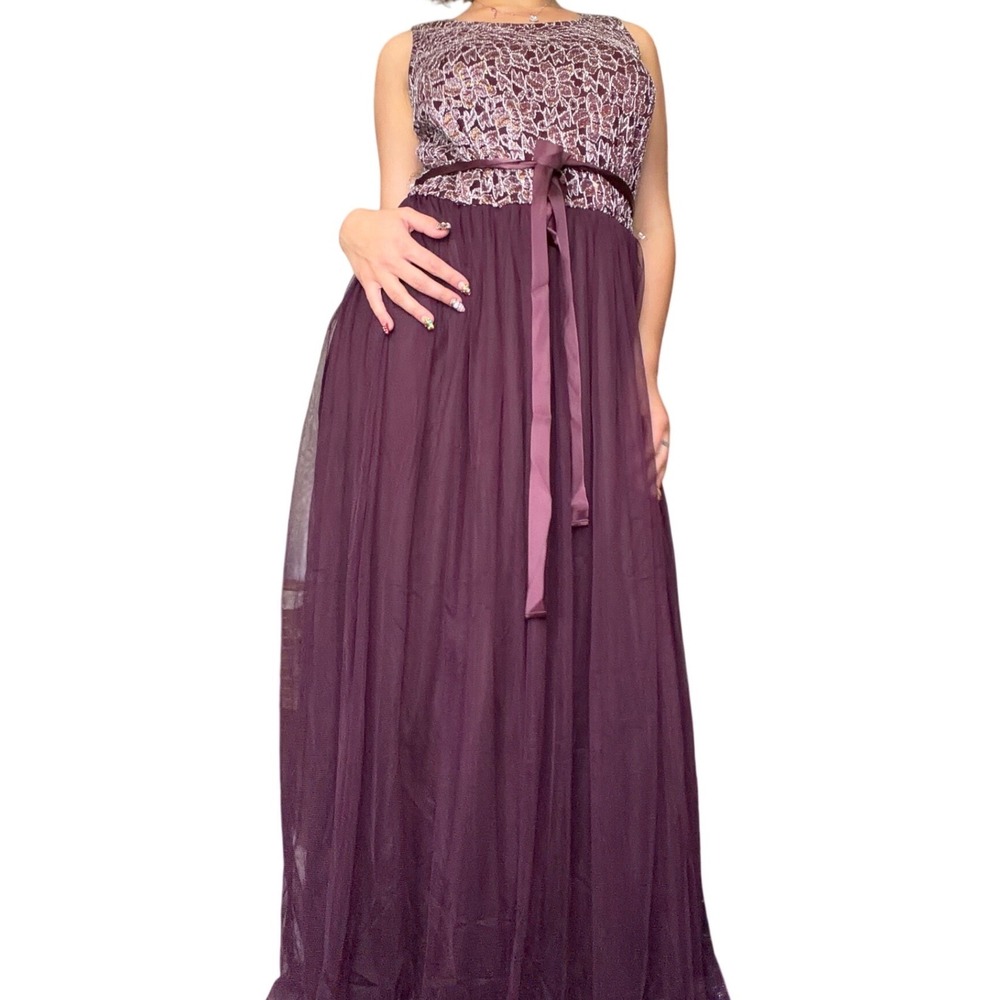 Candalite Women 1X Plum Metallic Lace  Maxi Dress‎ Prom Evening Formal Gown